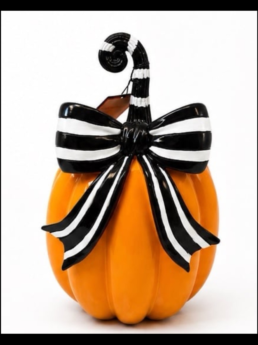 Halloween Orange Pumpkin With Black & White Striped Bow 13” Tall Hallow Home